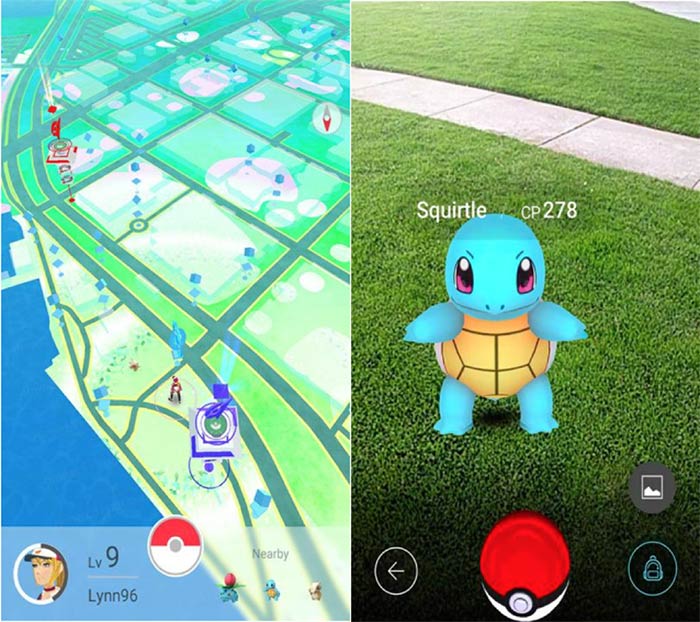 L'écran d'accueil du jeu affiche une carte de la ville (gauche) et utilise la caméra du téléphone pour afficher des Pokémons (droite)
