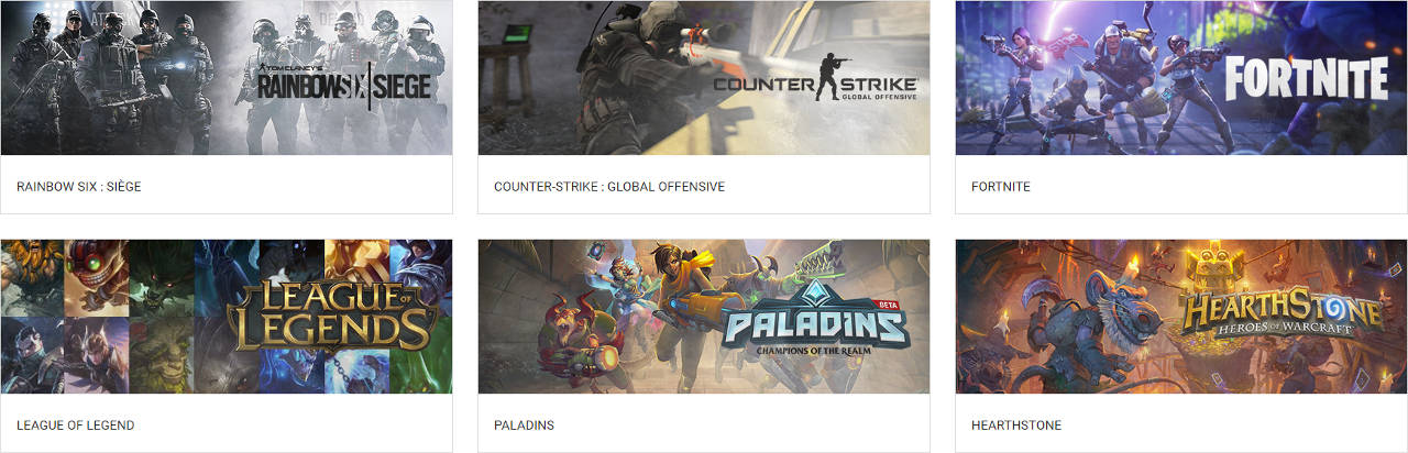Rainbow 6 Siege, Counter-Strike : Global Offensive, League of Legends, Paladins, Fortnite et HearthStone