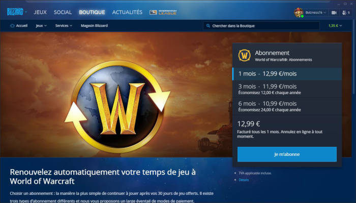 L'abonnement du jeu World of Warcraft sur le launcher Battle.net - mai 2018
