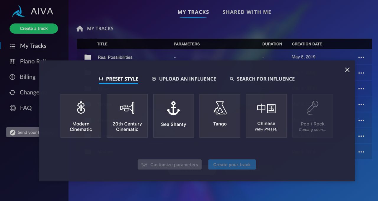 Interface d'Aiva, logiciel de création musicale avec IA